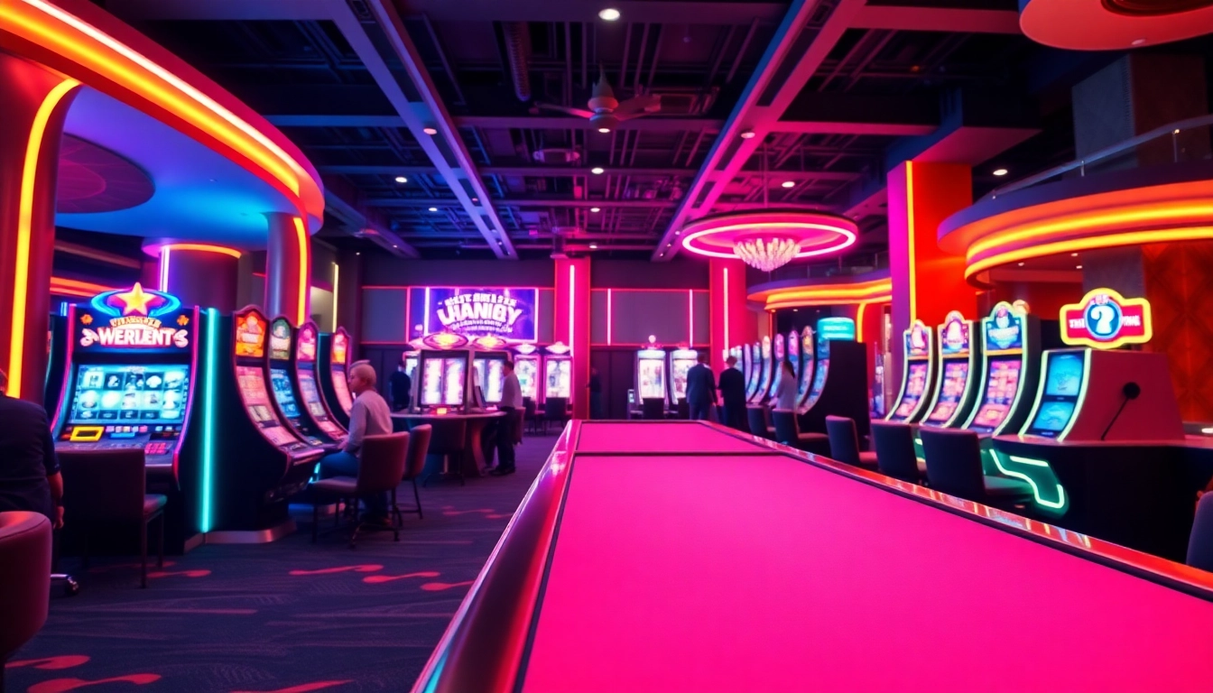 Vibrant depiction of le meilleur casino en ligne featuring stylish gaming tables and machines.