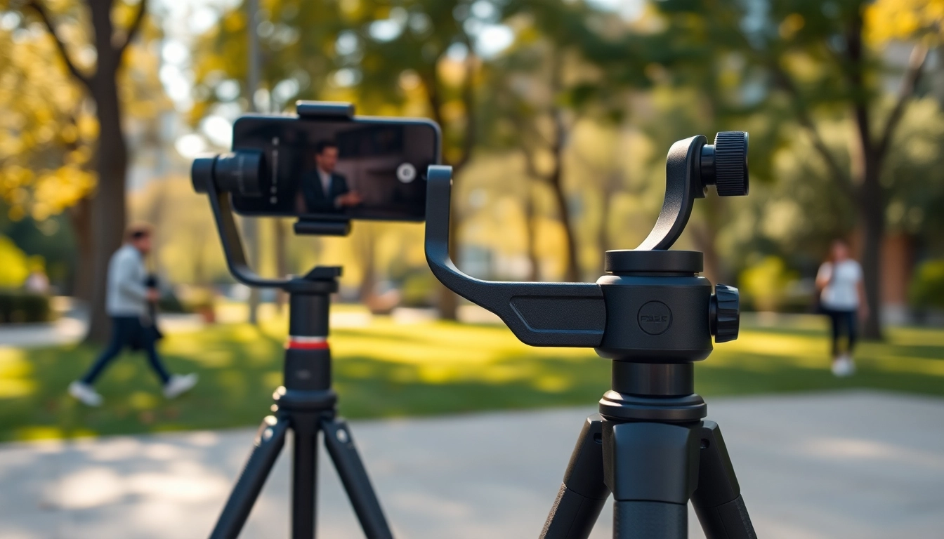 Capture a smartphone gimble stabilizing video in a park setting with a sleek design.