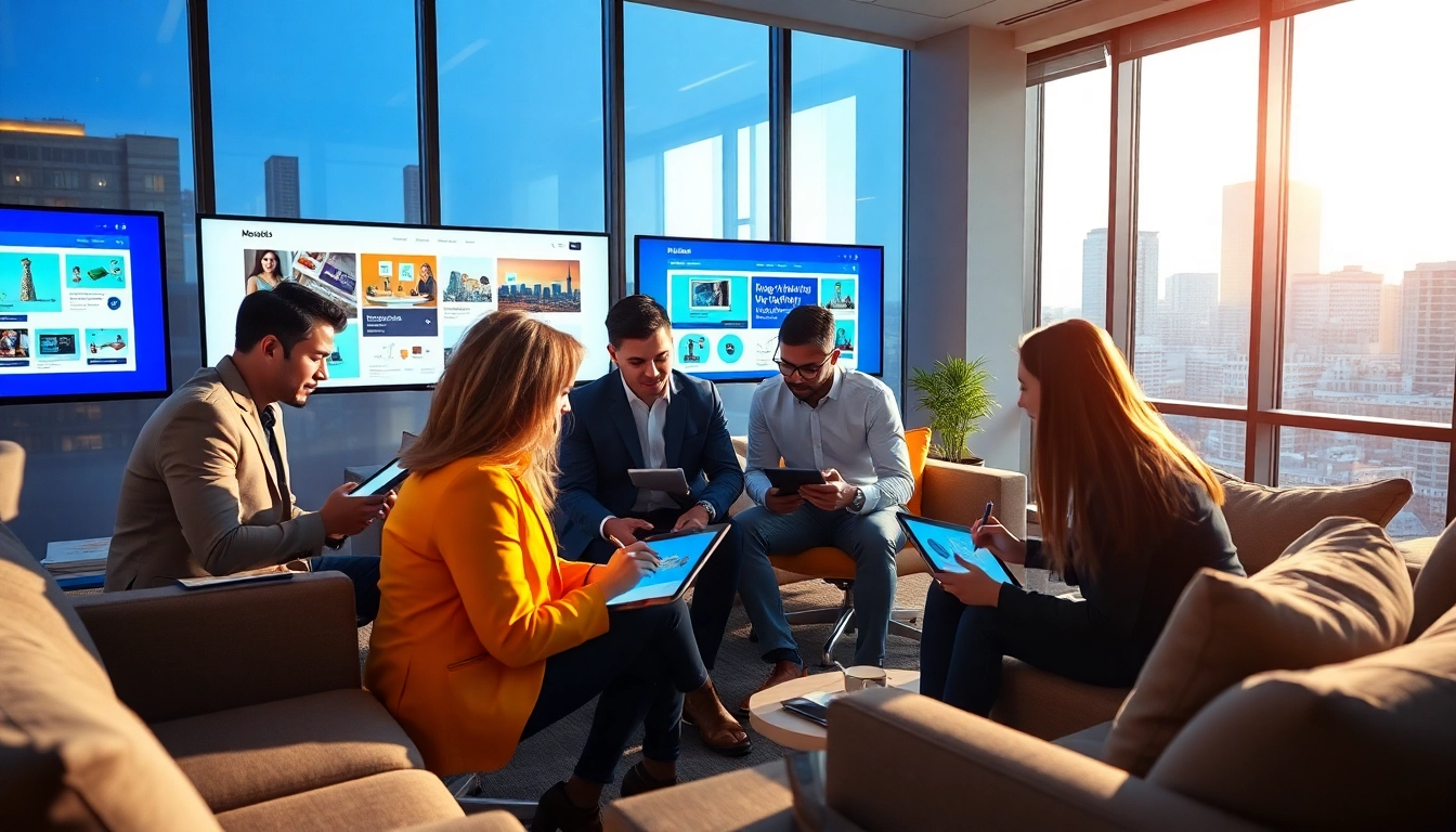Creating engaging website design in kansas city with a collaborative team in a vibrant office.