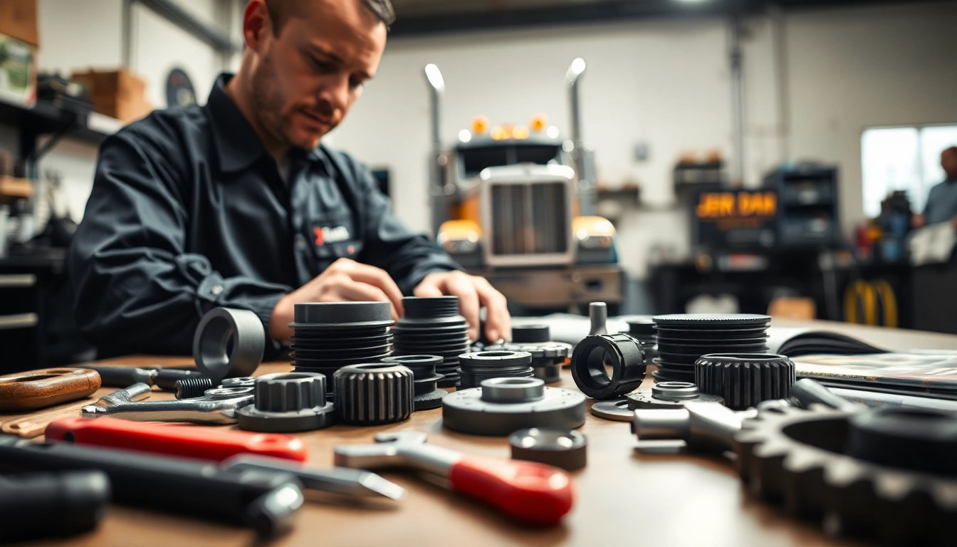 Mechanic analyzing Jerr Dan Parts with detailed tools in a bright workshop setting