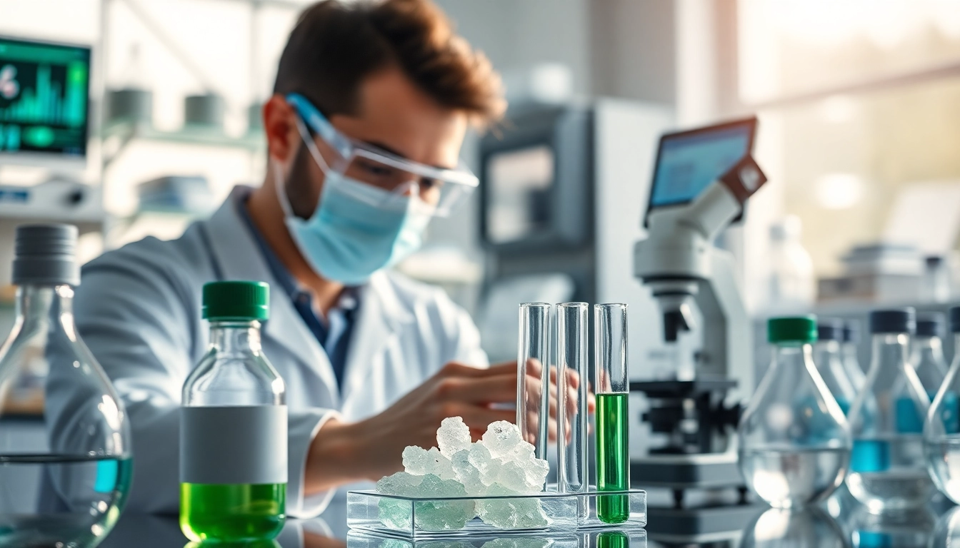 Badanie zeolitu medycznego w laboratorium przez technika chemicznego z użyciem szkła laboratoryjnego.