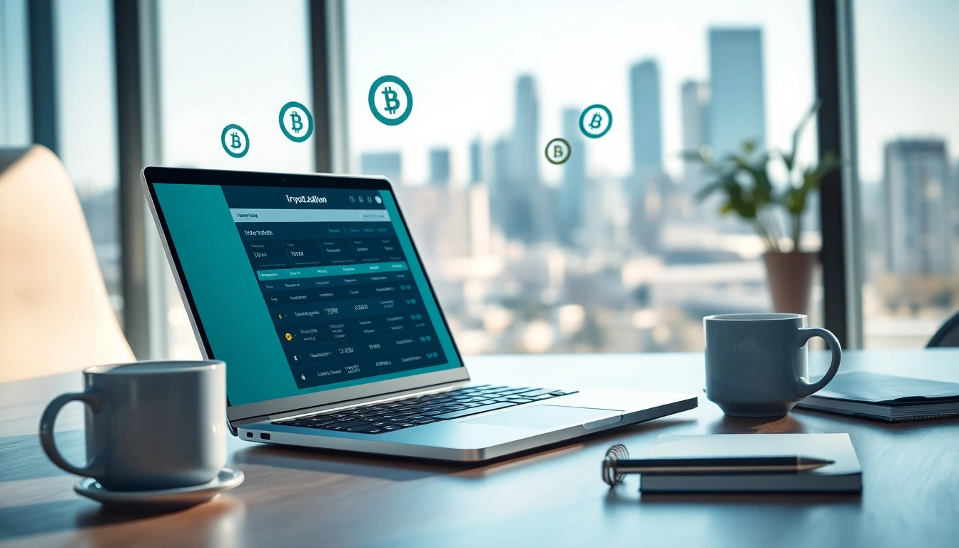 Interact with guarda crypto wallet on a sleek laptop in a modern office environment.