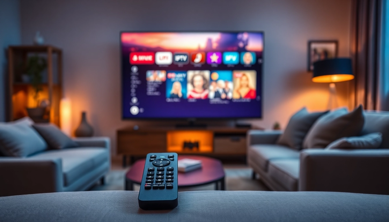 Découvrez un Abonnement iptv dans un salon moderne avec un téléviseur affichant des chaînes colorées.