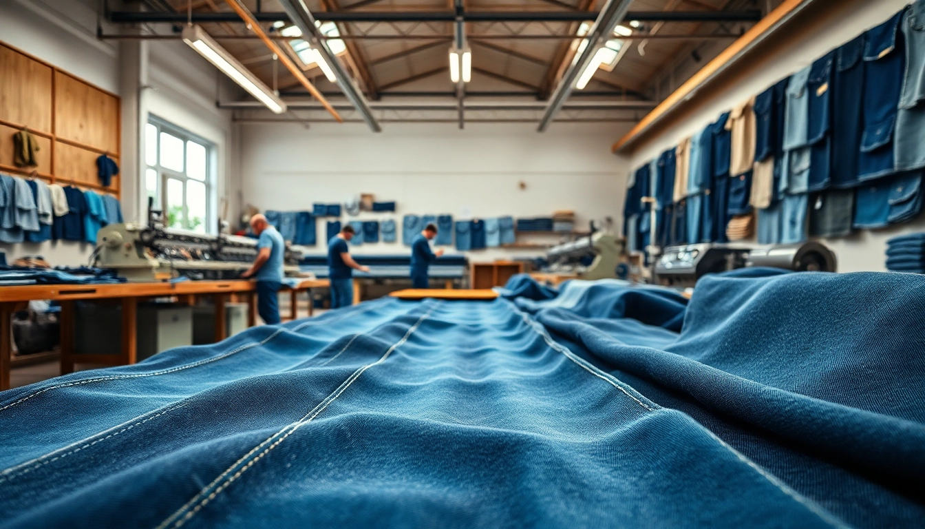 jeans fabric manufacturers showcasing high-quality denim textures in a vibrant workshop