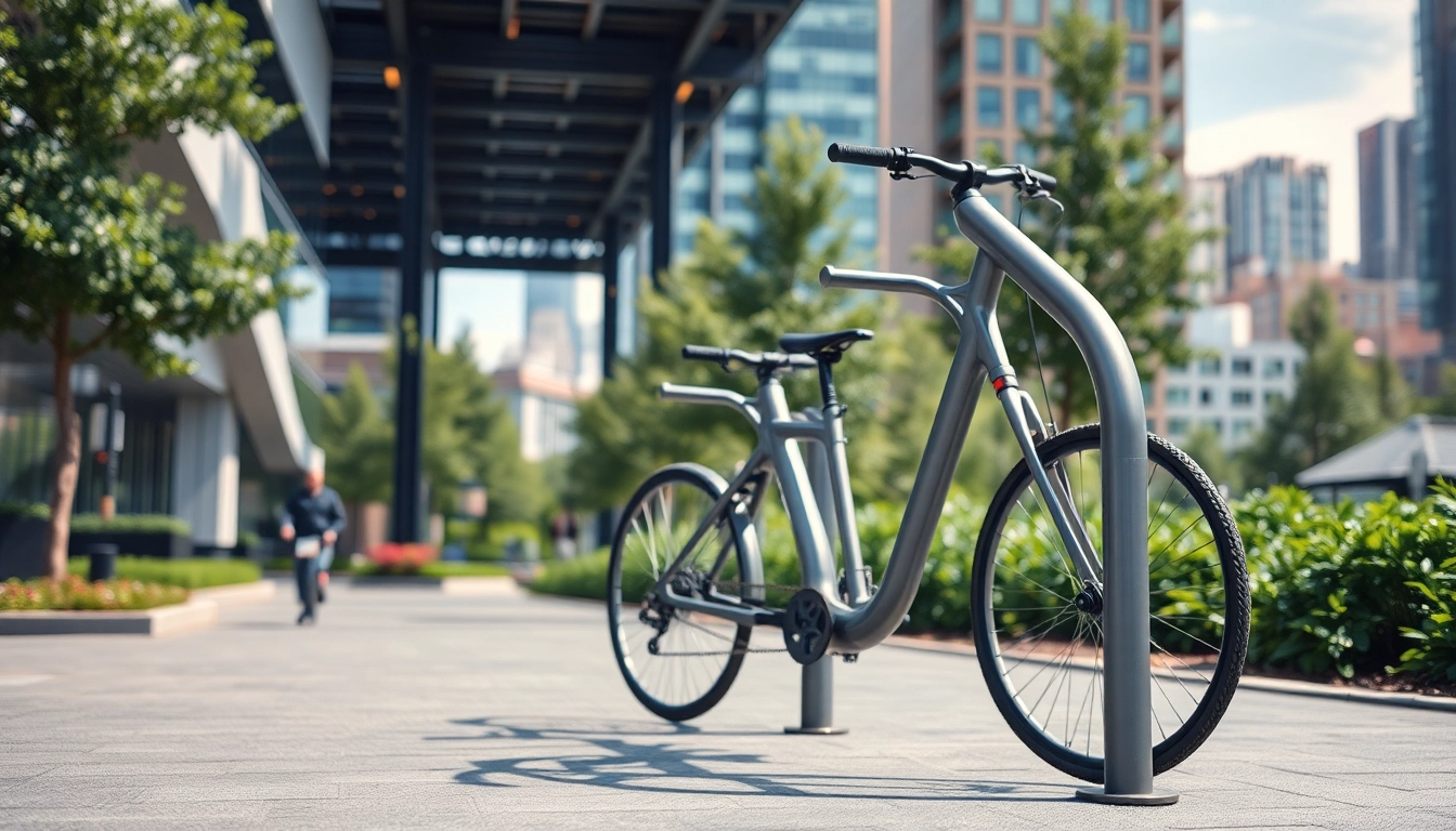 Showcasing a stylish designer bike rack in an urban park, promoting modern biking solutions.