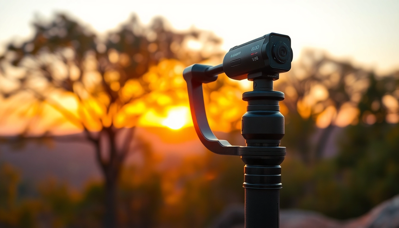 Capture videos with the premium gimble stabilizer featuring sleek design in sunset outdoors.