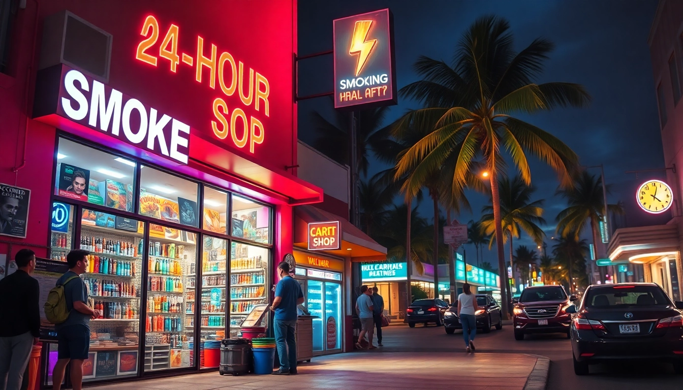 Visit a 24 Hour Smoke Shop near me Miami with a vibrant storefront attracting customers.