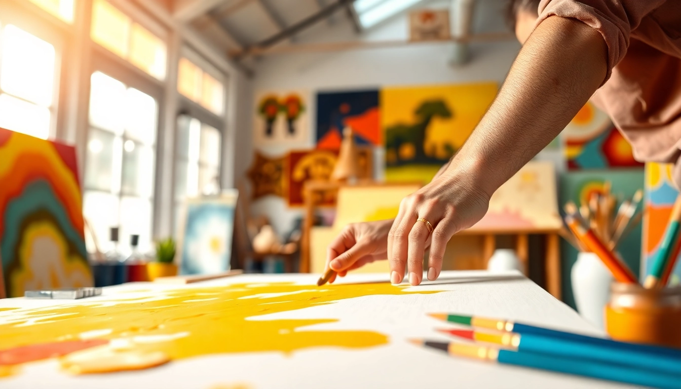 Maak een kleurrijk kunstwerk op canvas met dynamische handen op de voorgrond.