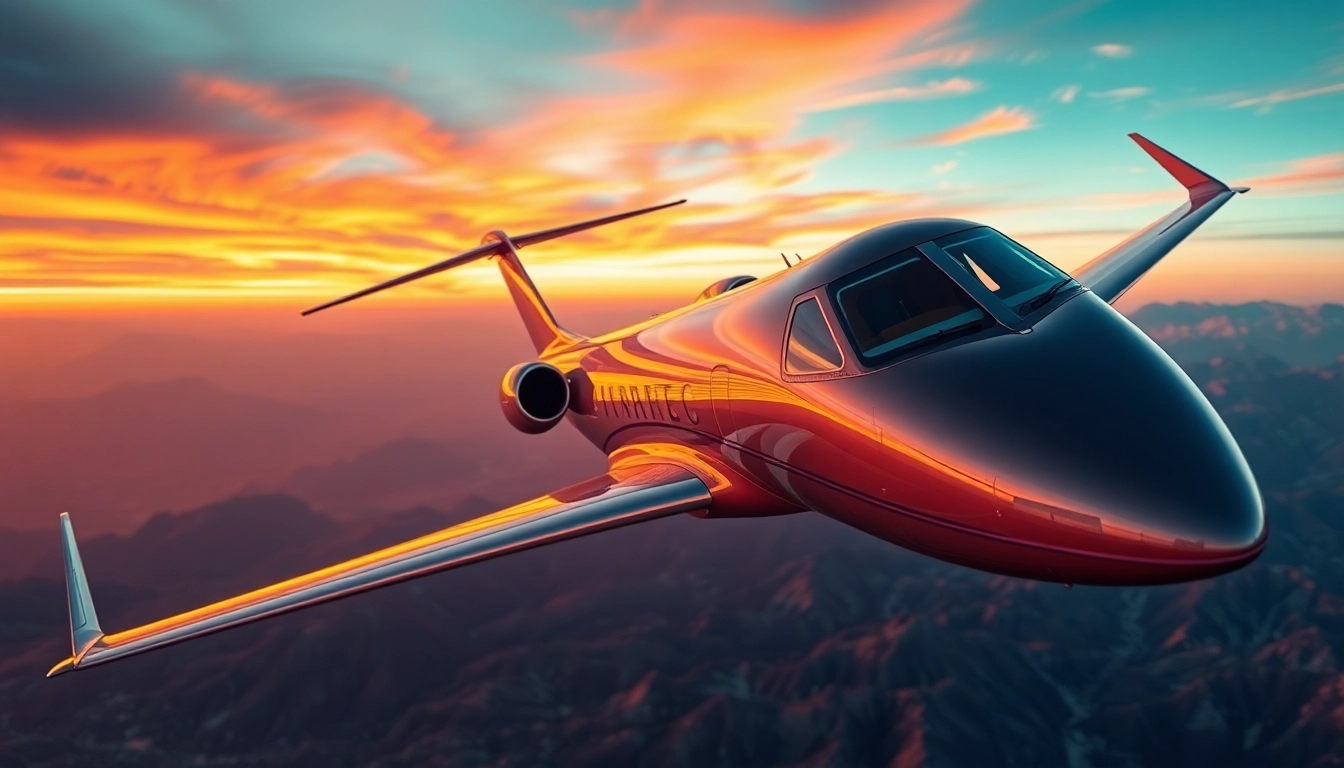 Experience luxury private jet rental with a stunning jet flying over majestic mountains at sunset.