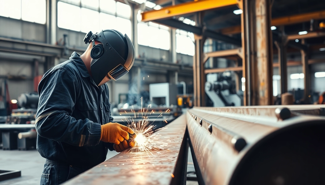 Skilled welder performing structural steel welding with sparks flying in an industrial workshop.