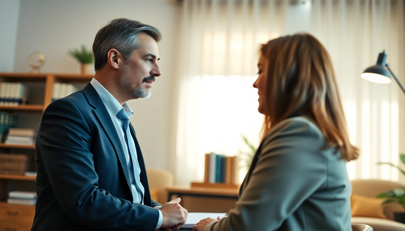 Consulting session between a Divorce Lawyer and a client in a professional office.