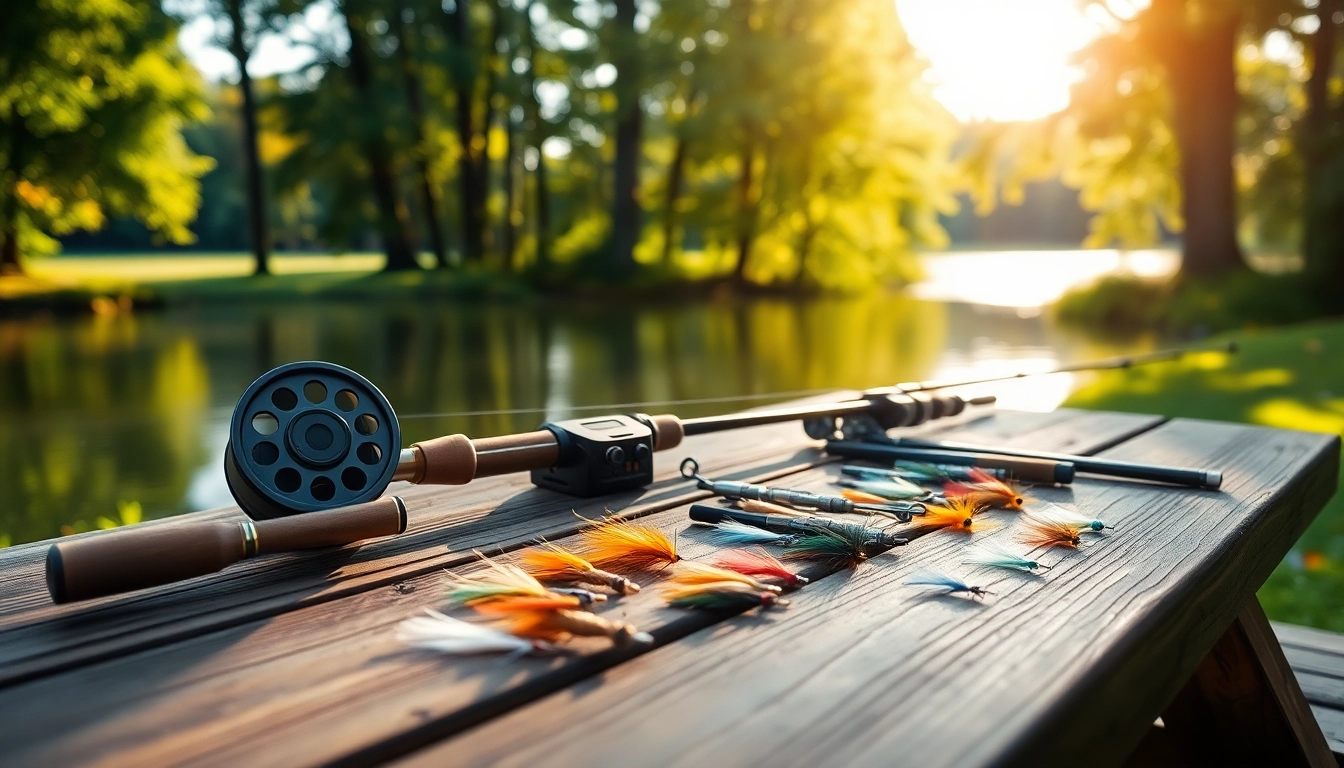 Elevate your experience with this detailed fly fishing kit displayed elegantly at a lakeside.