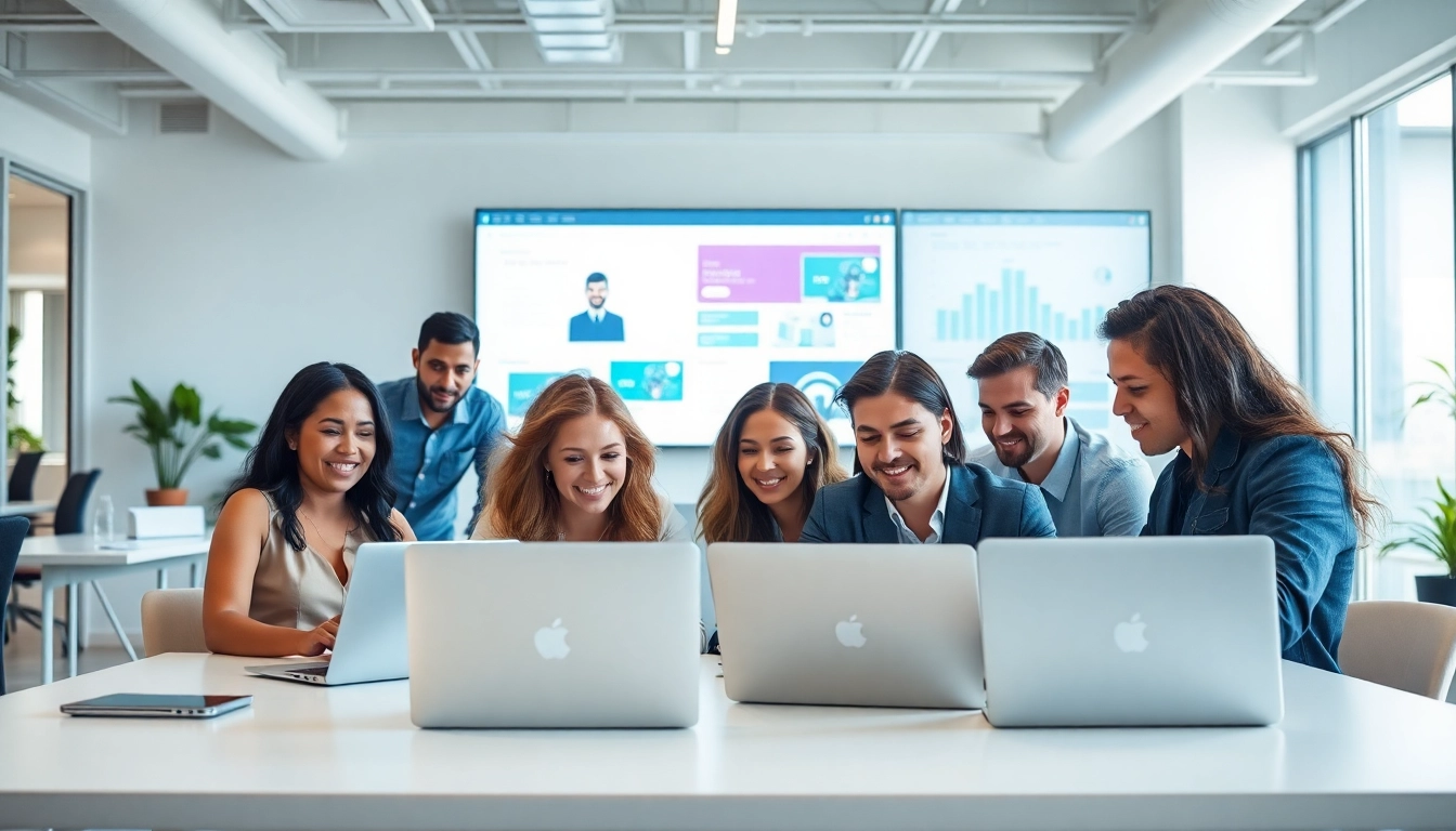 Showcase teamwork in WordPress agencies with diverse professionals collaborating in a modern office.