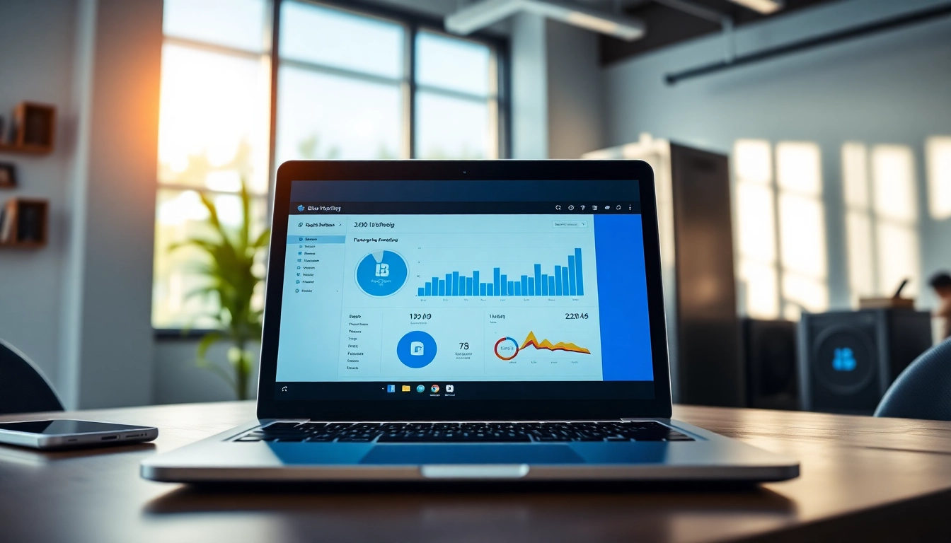 Showcase the Bluehost logo on a laptop within a modern workspace, emphasizing web hosting analytics.