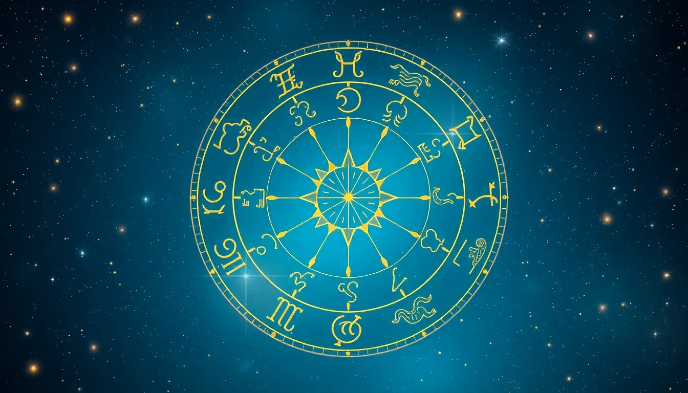 Astrological depiction of Horoskop with zodiac signs against a starry background, conveying celestial themes.