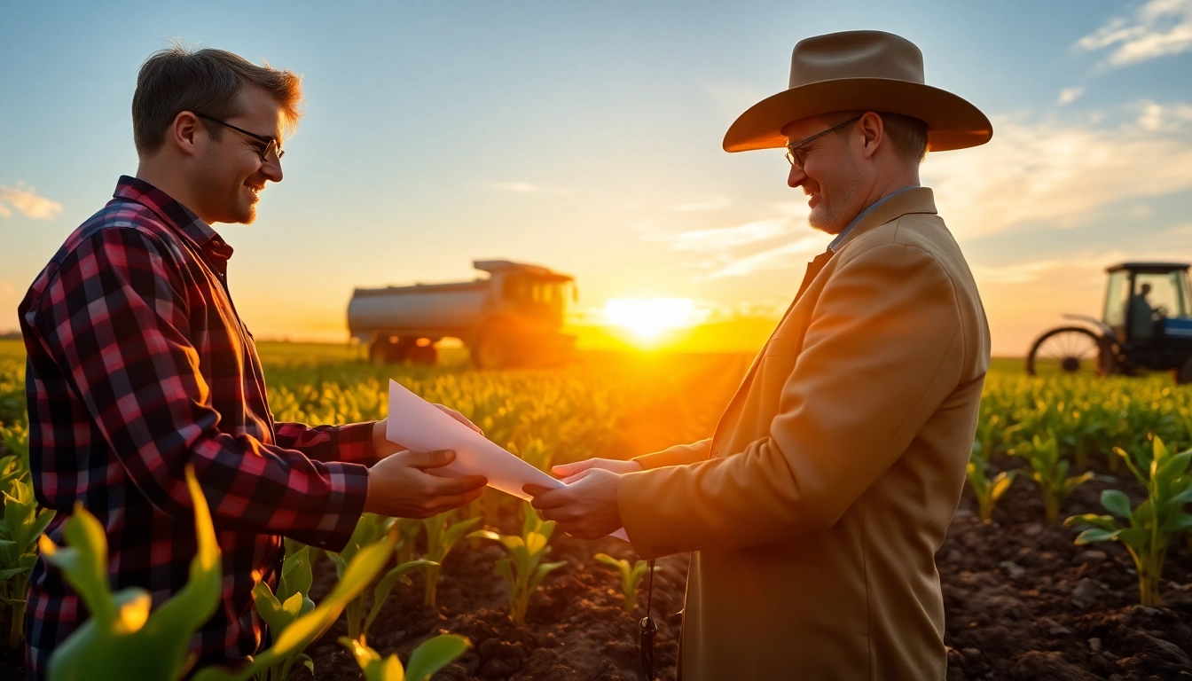 Agriculture lawyer engaging with a farmer under a vibrant sunset, showcasing collaborative spirit.